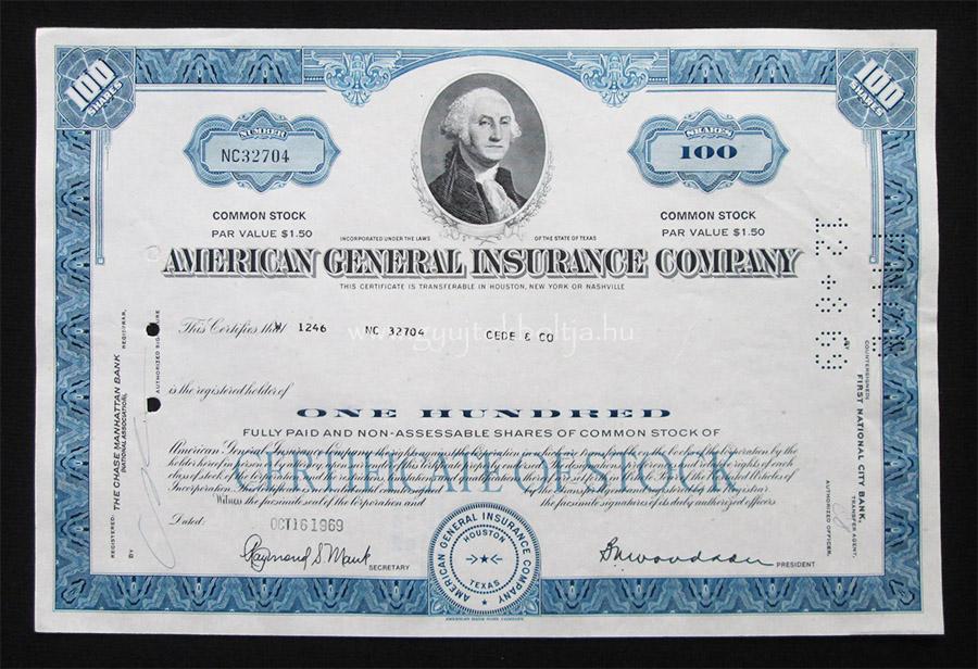 American General Insurance Company 100 r�szv�ny 1969 / biztos�t�s